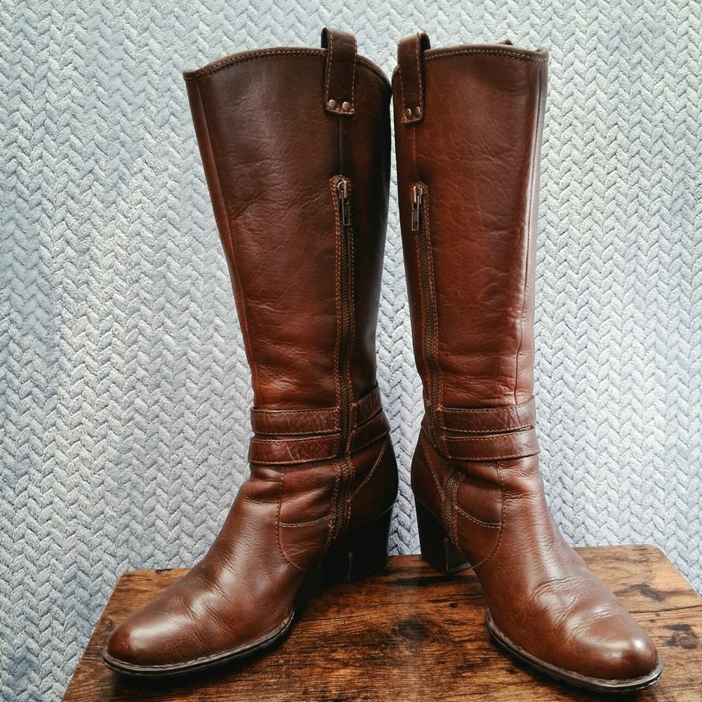 Born Brown Leather Tall Riding Boots Block Heel Double Buckle M/W W91675 Size 9